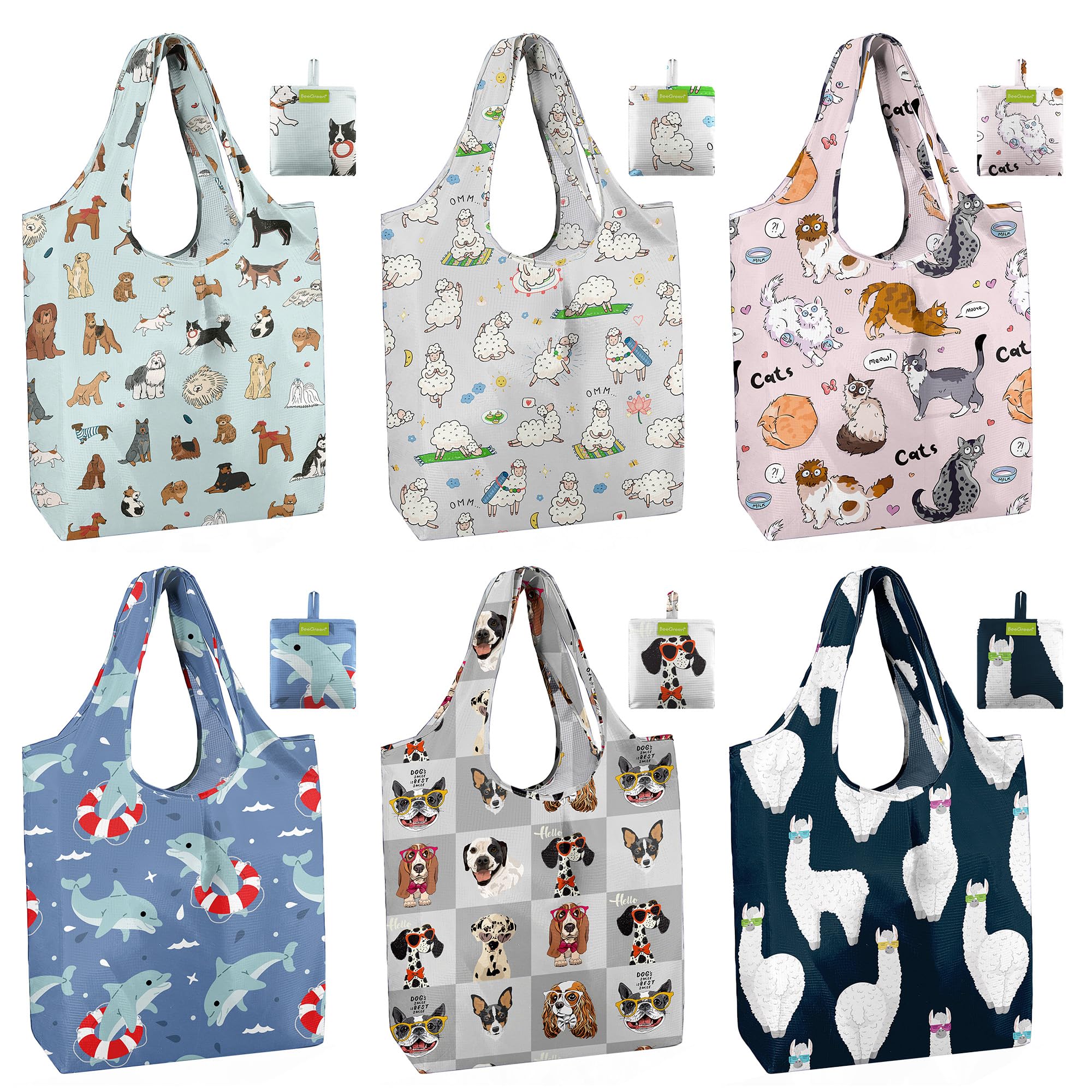 BeeGreen Christmas Reusable Gift Bags,6 Pack Large Holiday Tote Foldable Cloth Bag for Women, Cute Grocery Storage for Xmas Gifts Market Shopping, Washable Collapsible Reusable Bags with Handles